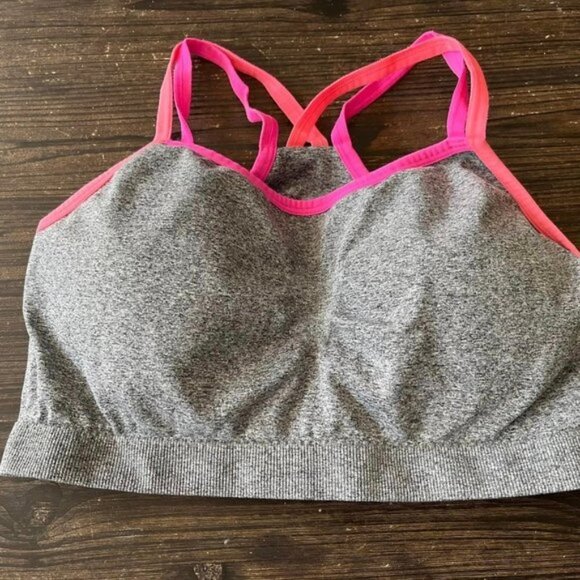 Fruit Of The Loom Racerback Tank Style Sports Bra Size Large Padded Gray/Pink 👙 - Picture 1 of 6